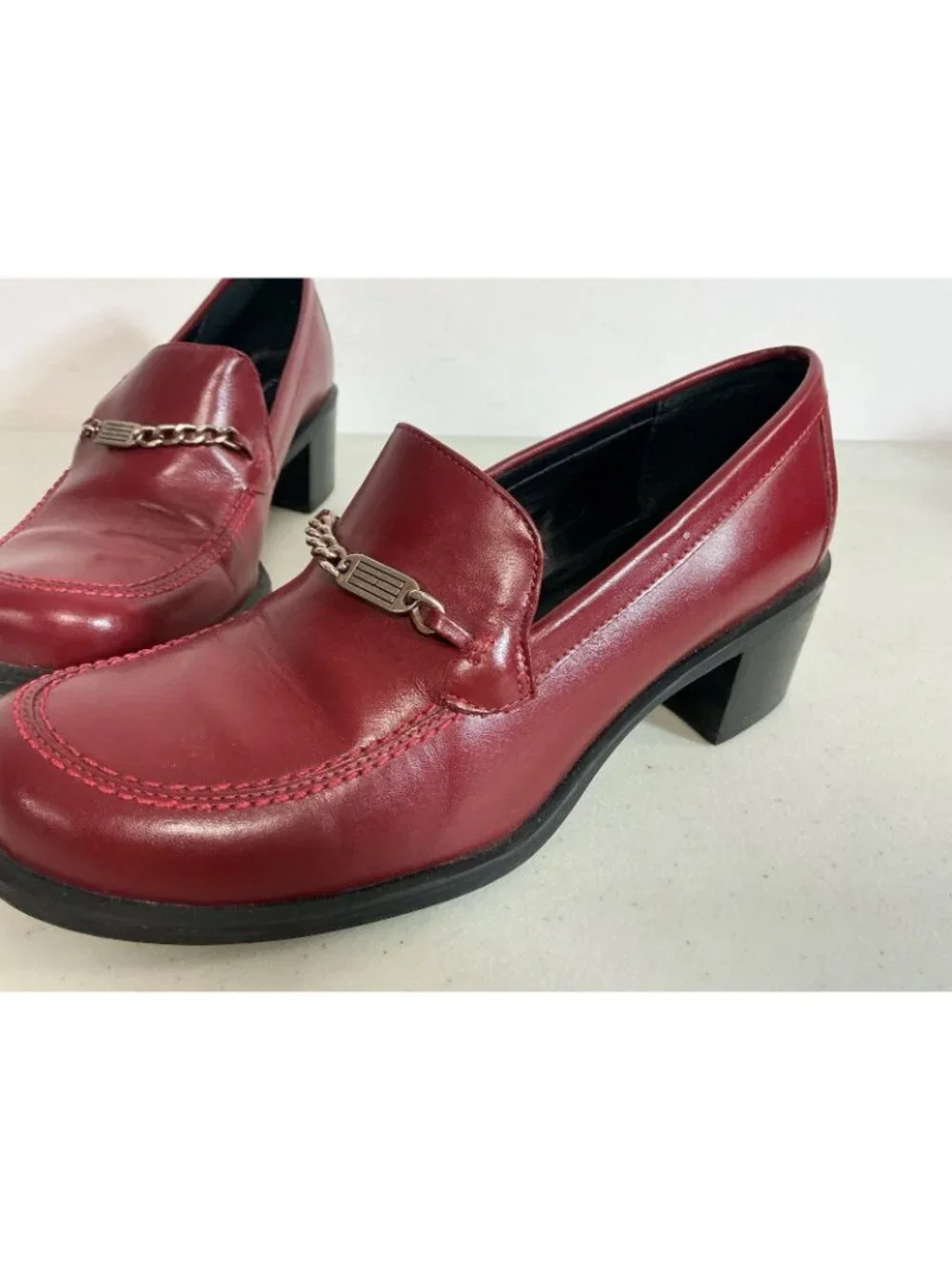 Tommy Hilfiger Red Leather Chunky Heel Loafers Y2K Square Toe Womens 6